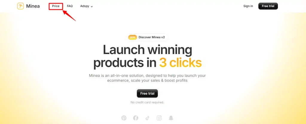 Minea pricing page from your dashboard
