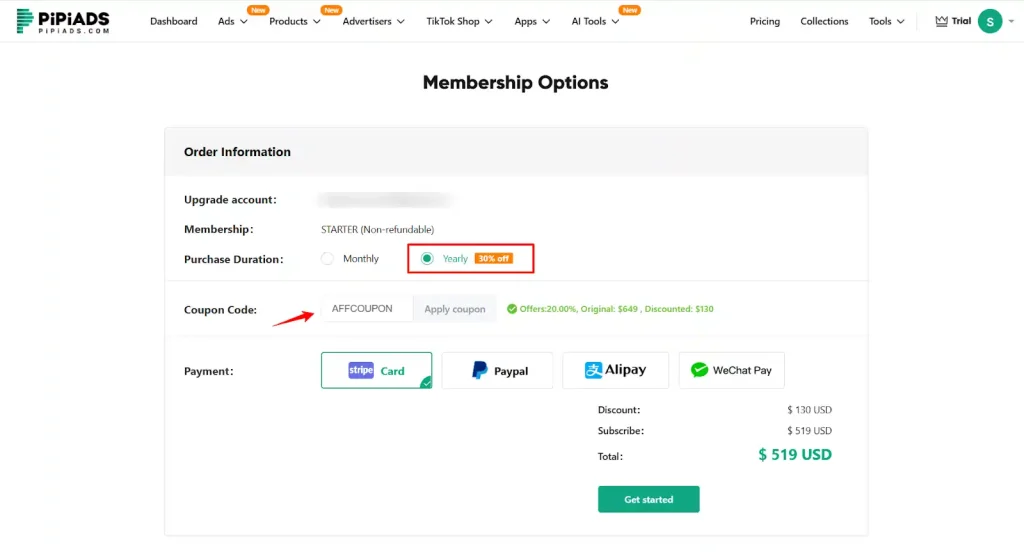 PiPiADS - Enter coupon code AFFCOUPON