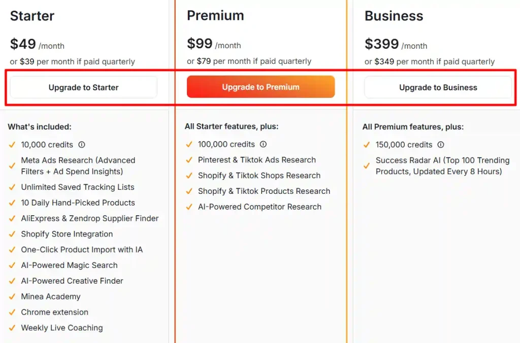 Pick your preferred Minea subscription plan