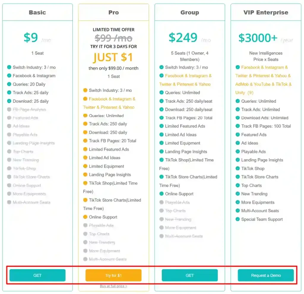 BigSpy - Choose your preferred plan
