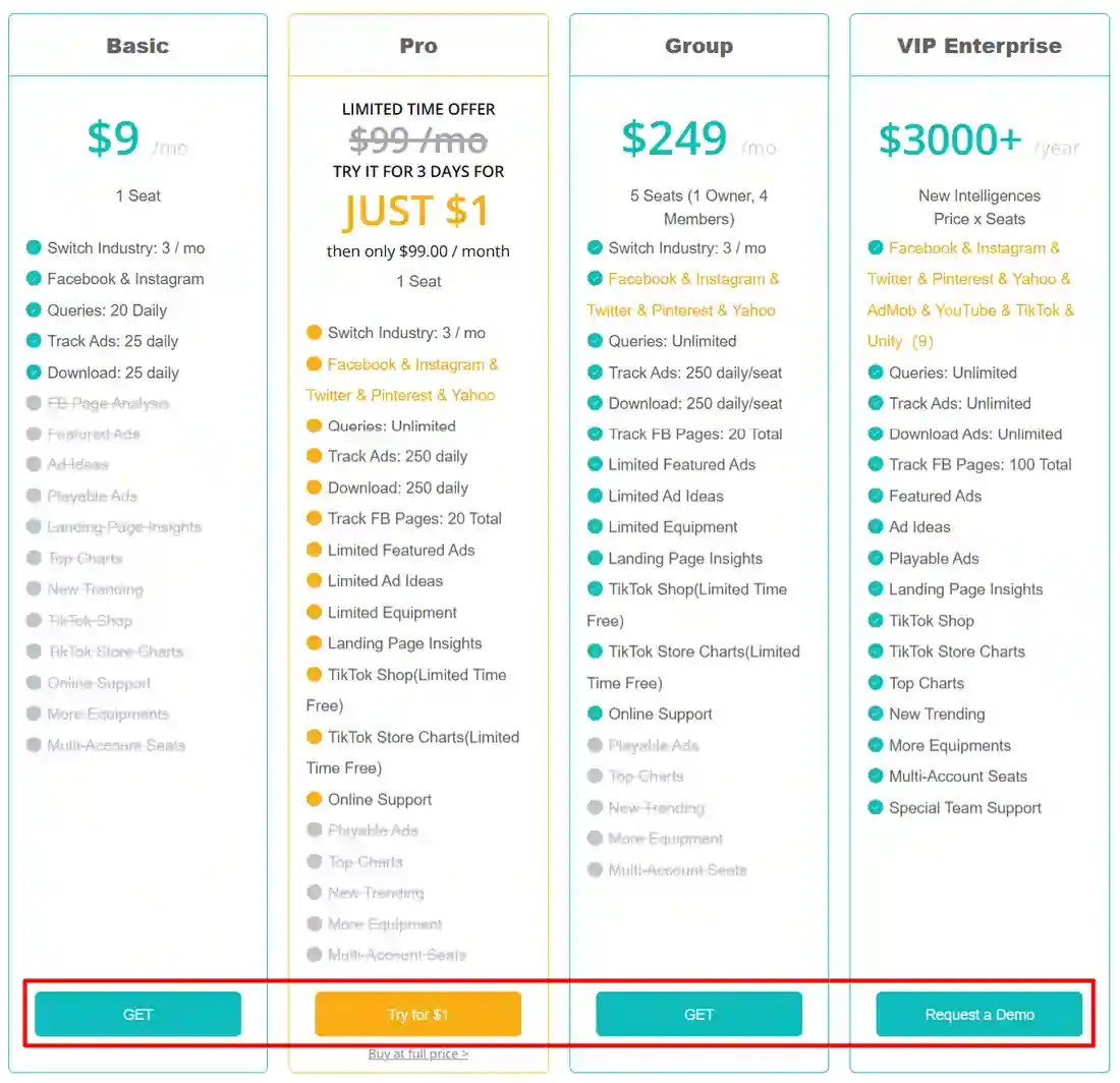 BigSpy checkout comparing monthly and annual plan prices