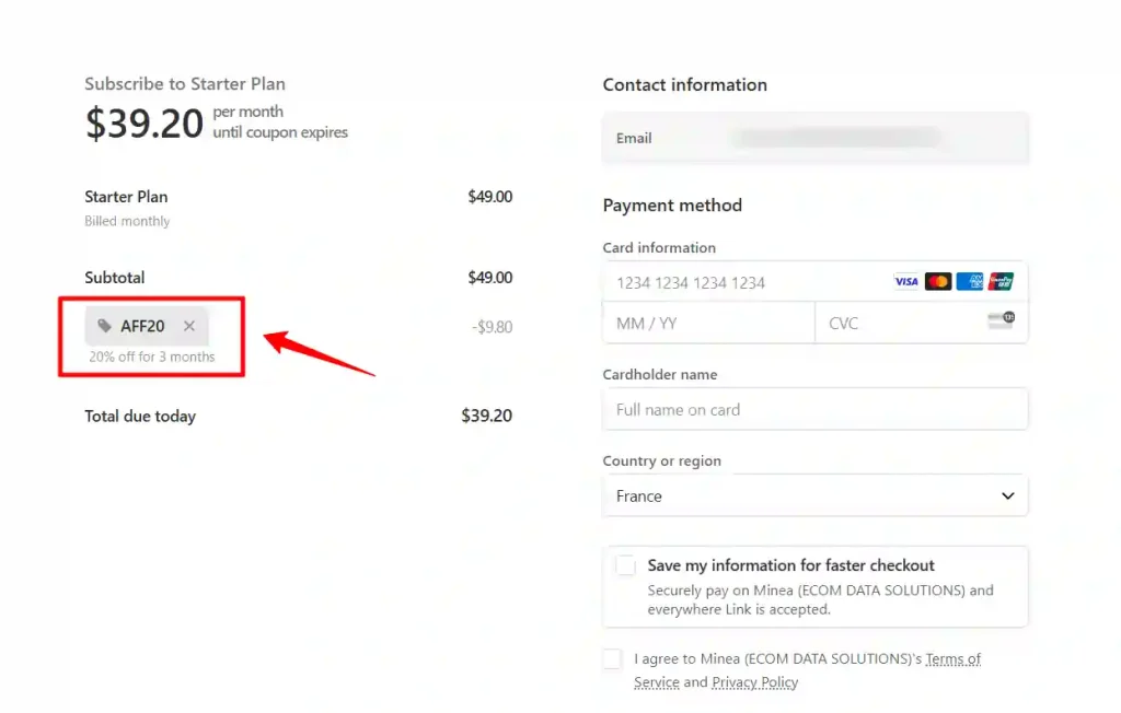 Minea Coupon Enter AFF20 in the coupon code