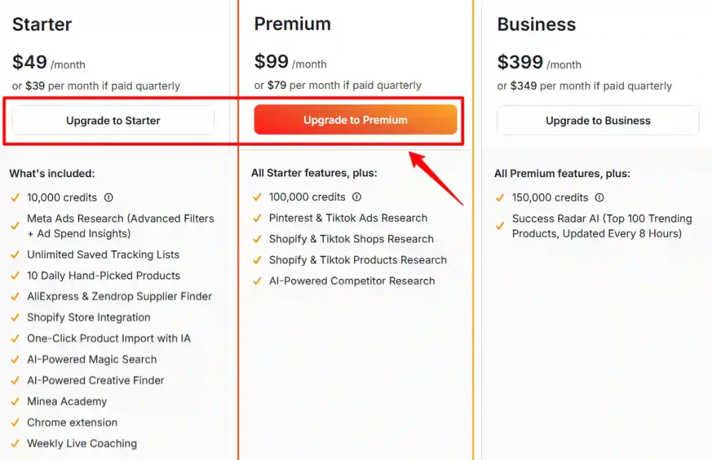 Minea Coupon Select your preferred plan
