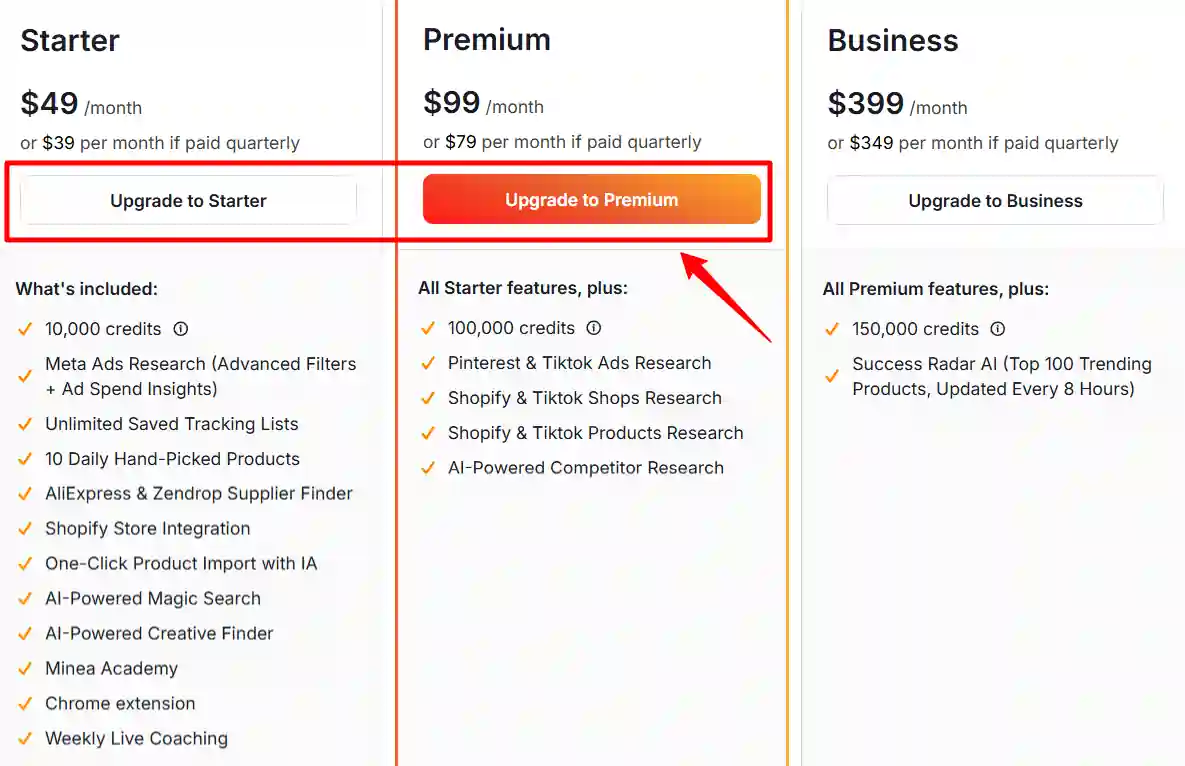 Minea checkout plan picker for monthly, quarterly and annual billing