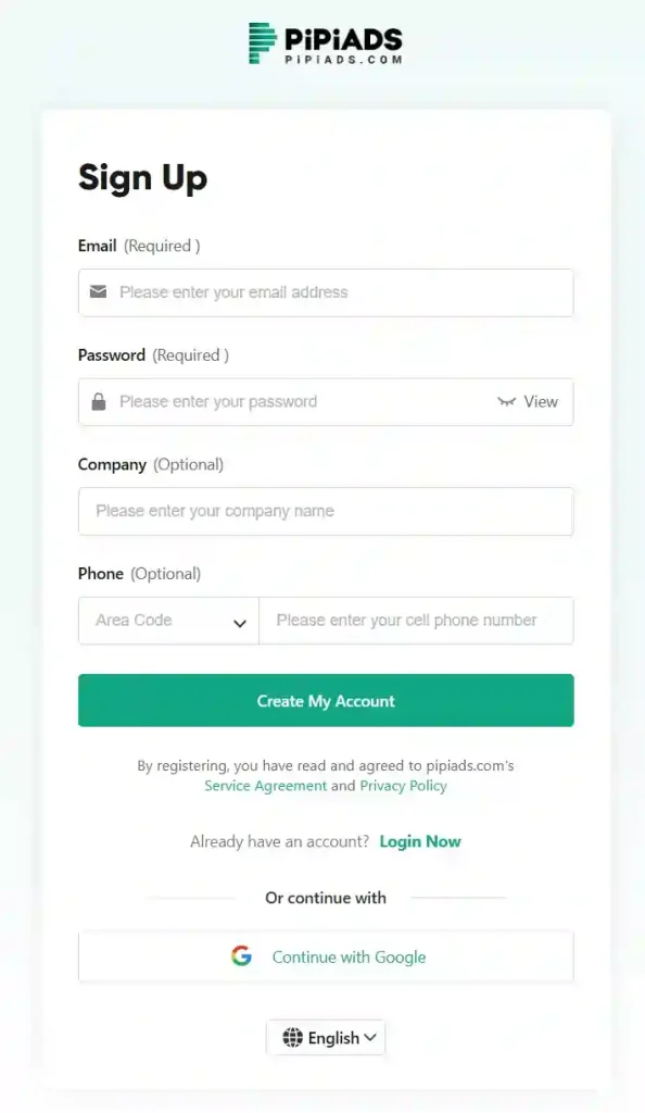 PiPiADS Create your account