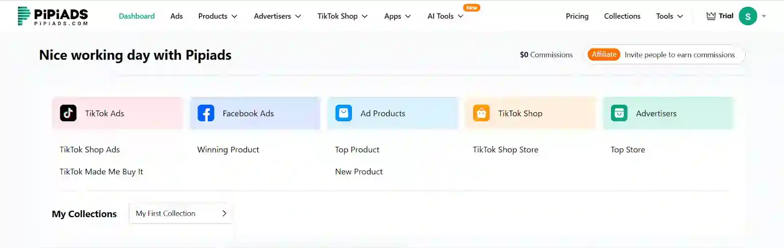 PiPiADS dashboard for TikTok, Meta and product research