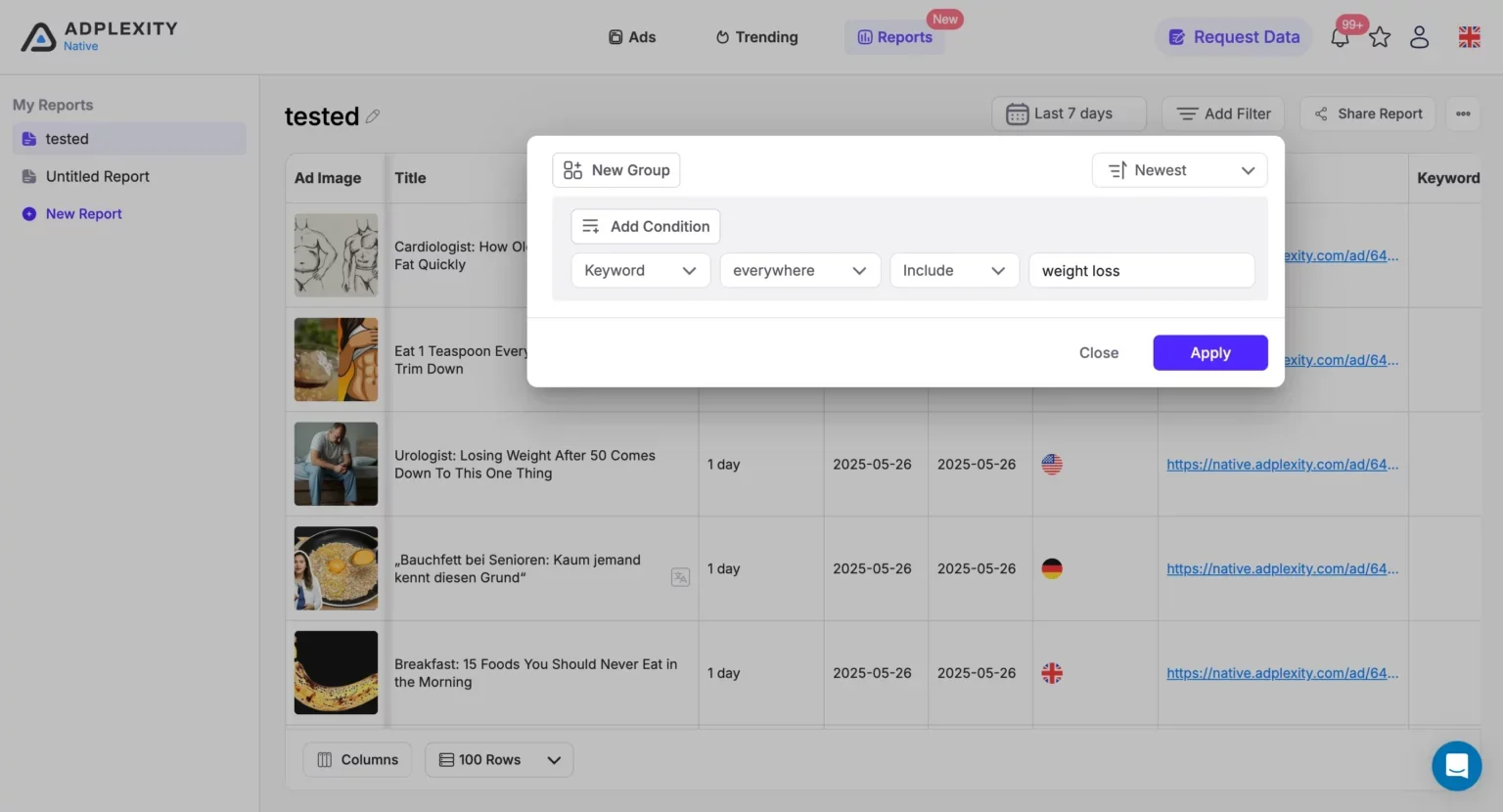 AdPlexity advanced reports for domain rankings and hot offers