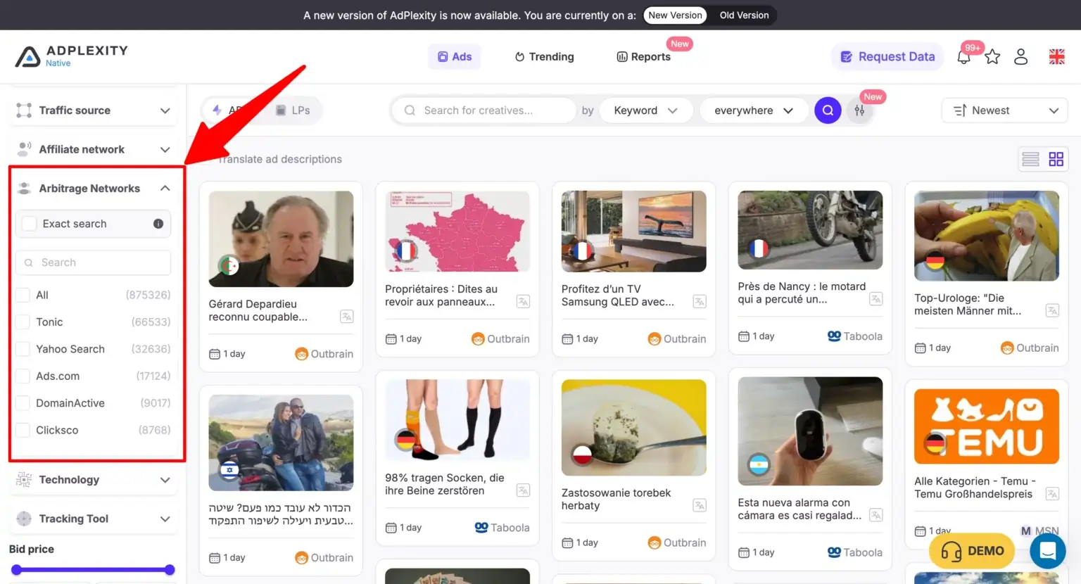 AdPlexity Social search arbitrage network filters including Visymo, Tonic and Media.net