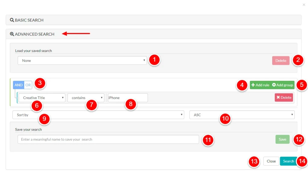 Anstrex advanced search dialog box