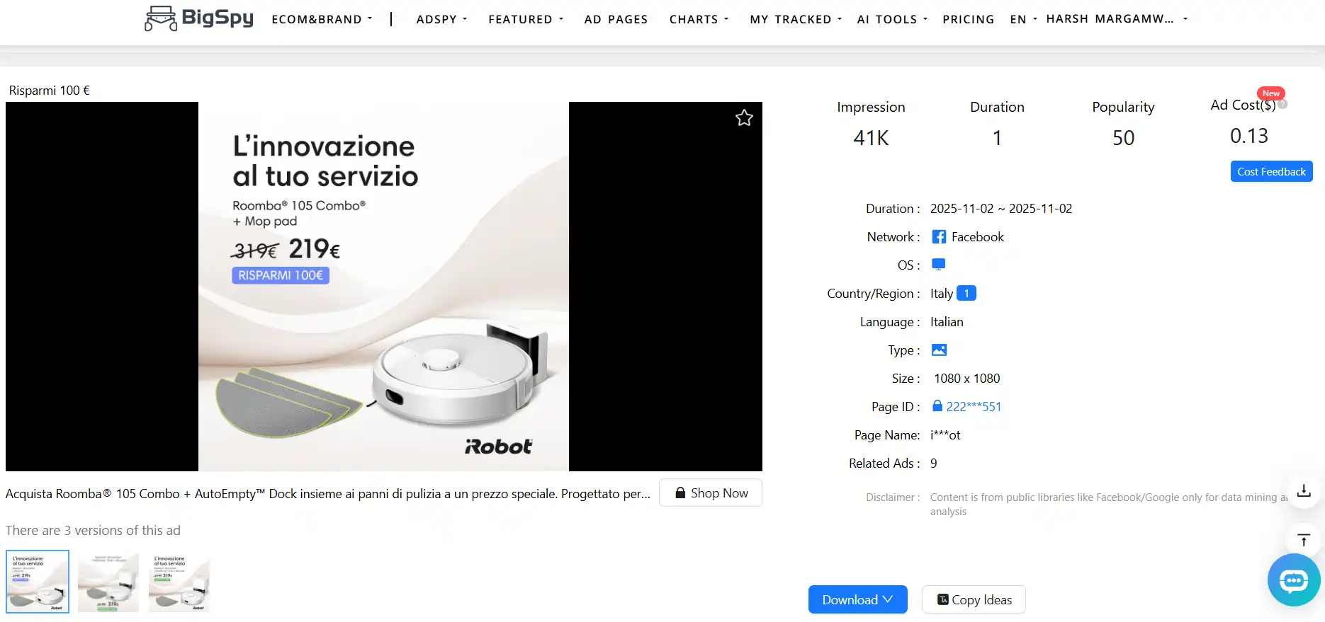 BigSpy Page Analysis showing advertiser creative history, rotation and engagement