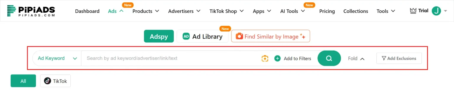 PiPiADS search filters for ads, shops and advertisers