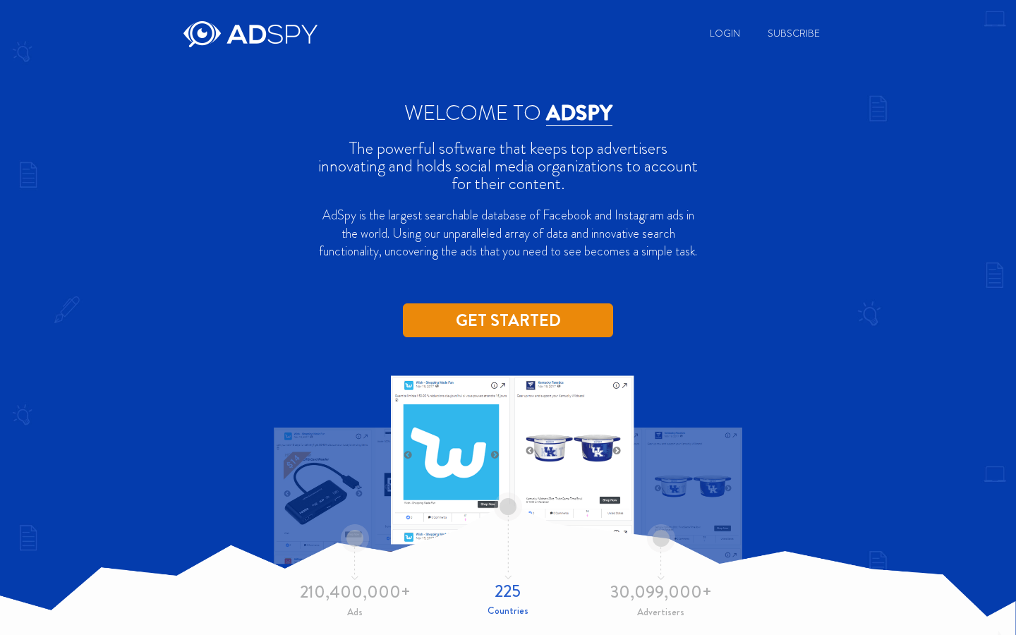 AdSpy Facebook and Instagram ads archive homepage