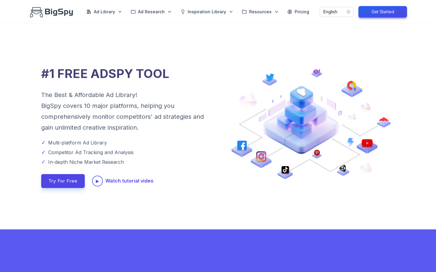 BigSpy homepage search across Facebook, TikTok, YouTube and other libraries