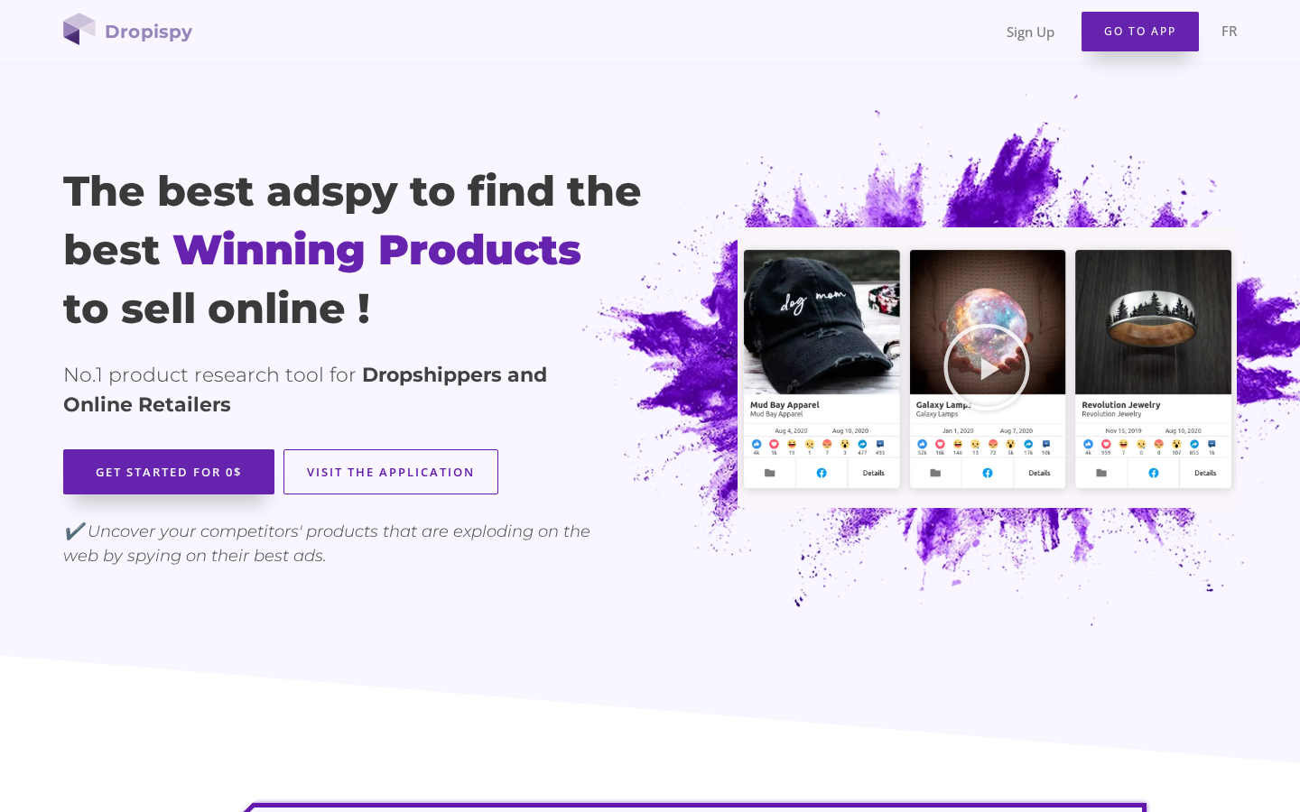 Dropispy homepage for dropshipping product and ad research