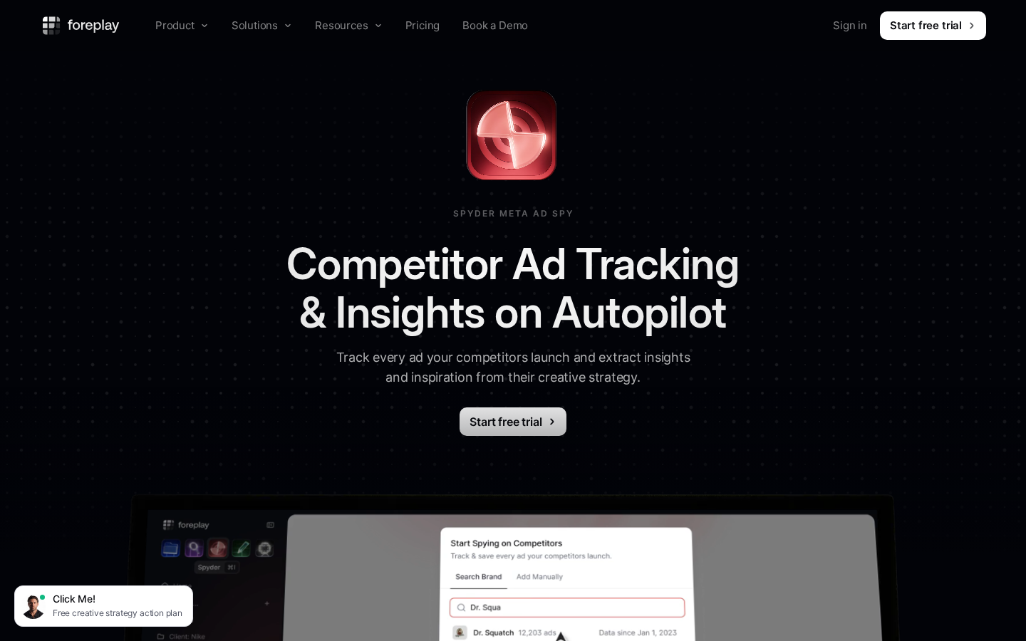 Foreplay Spyder tracking a brand’s live Meta ads, hooks and landing pages