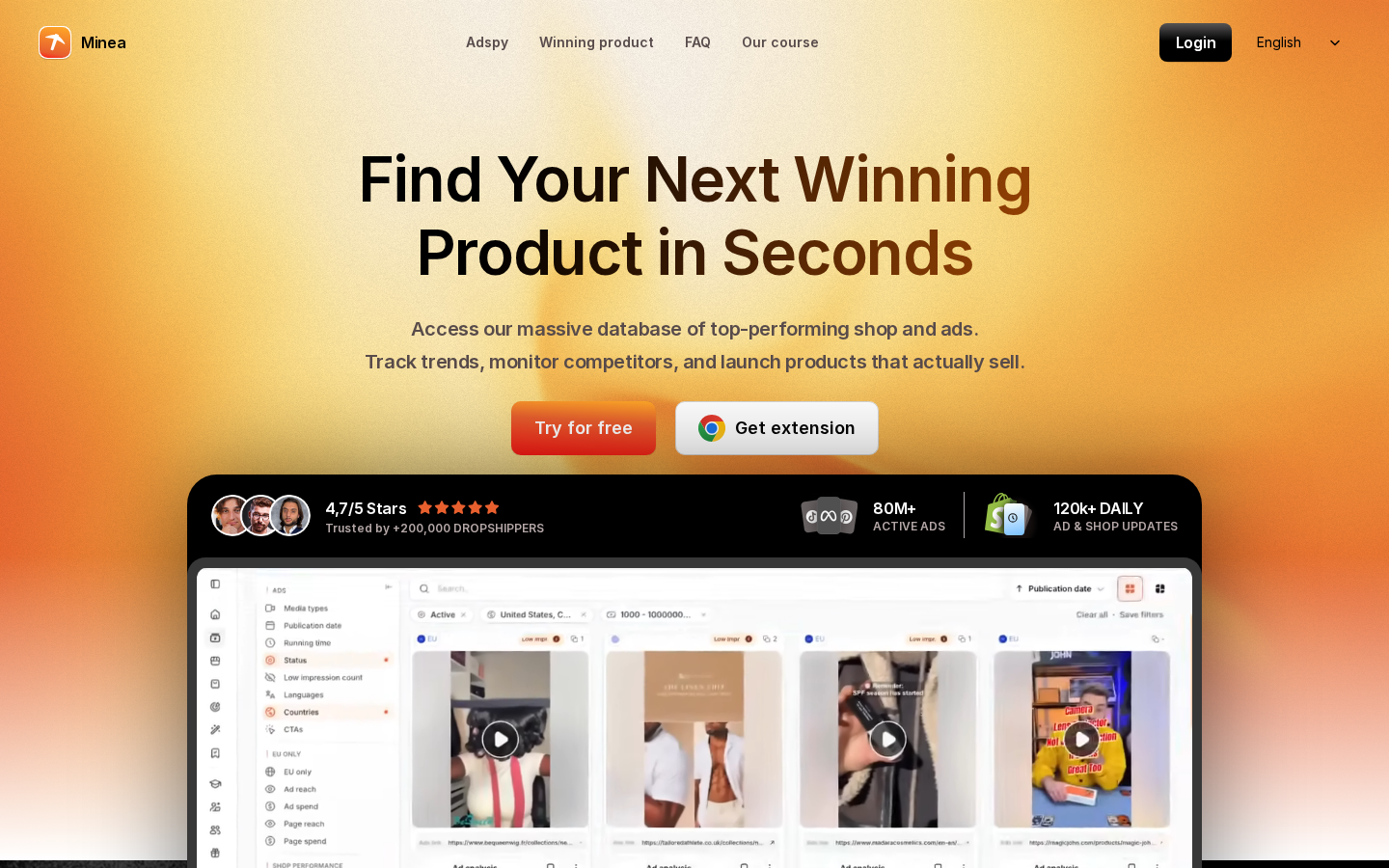 Minea dashboard tying Meta and TikTok ads back to the product and the store