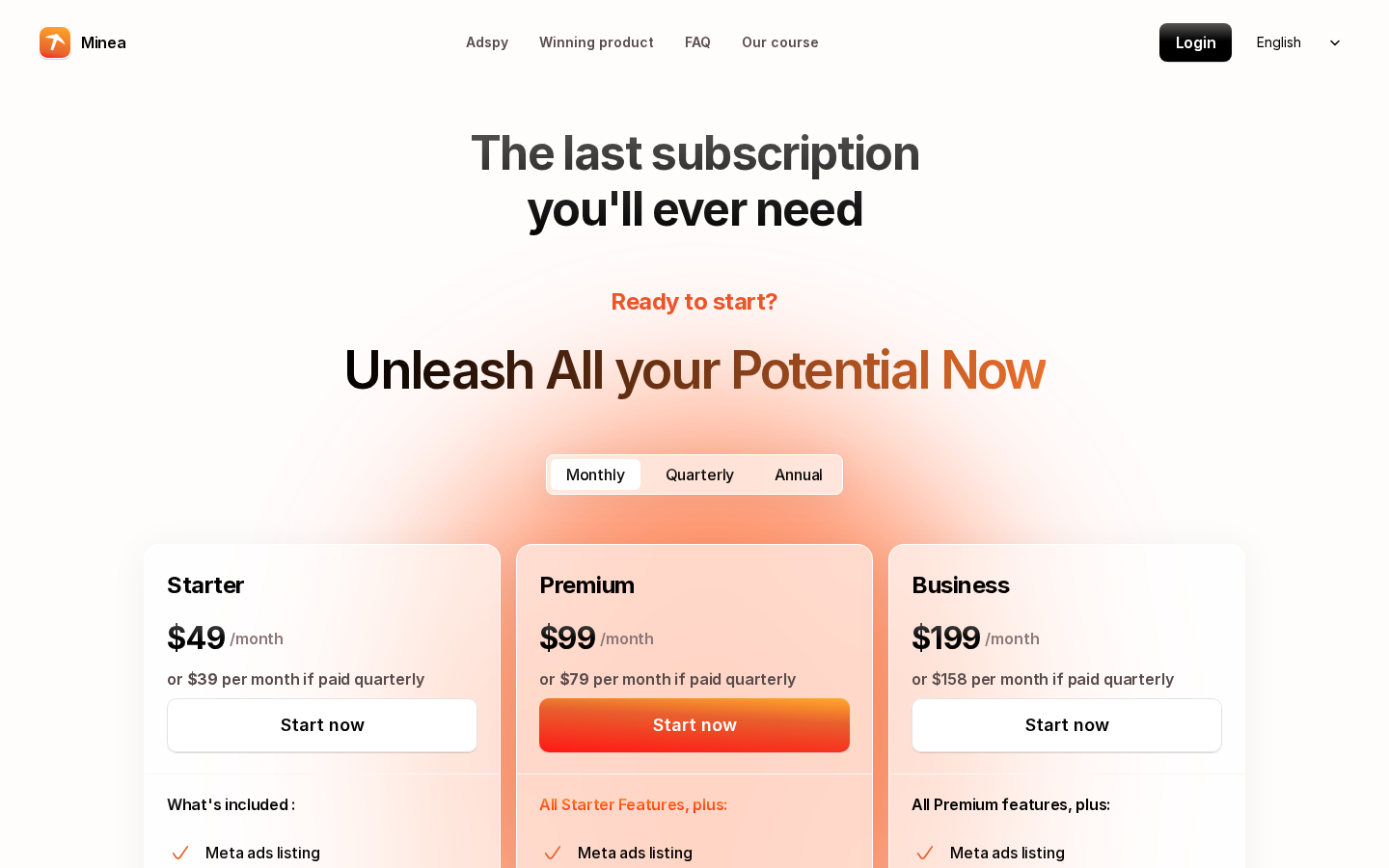 Minea pricing 2026: Starter, Premium and Business