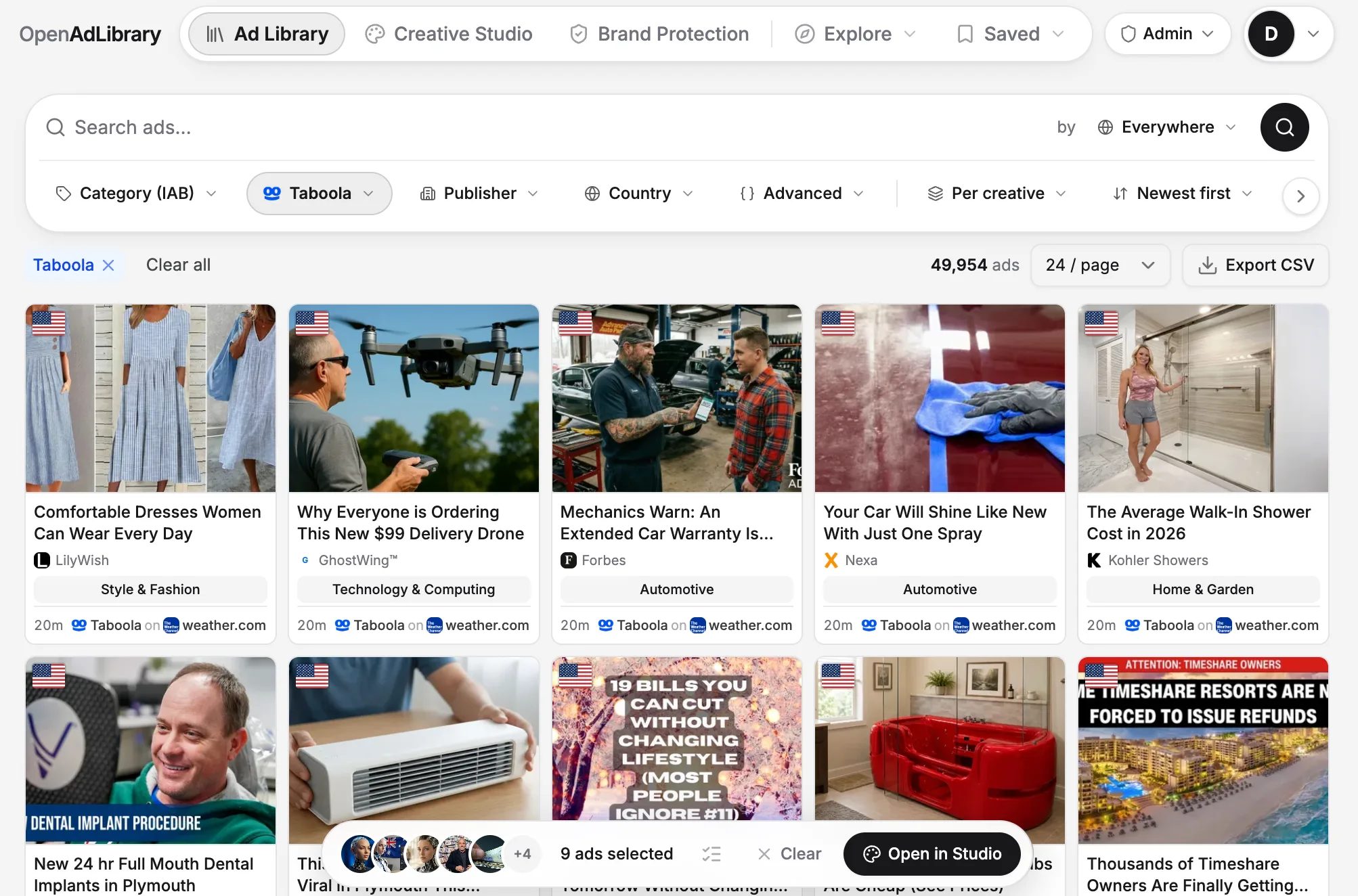 OpenAdLibrary native ad library grid