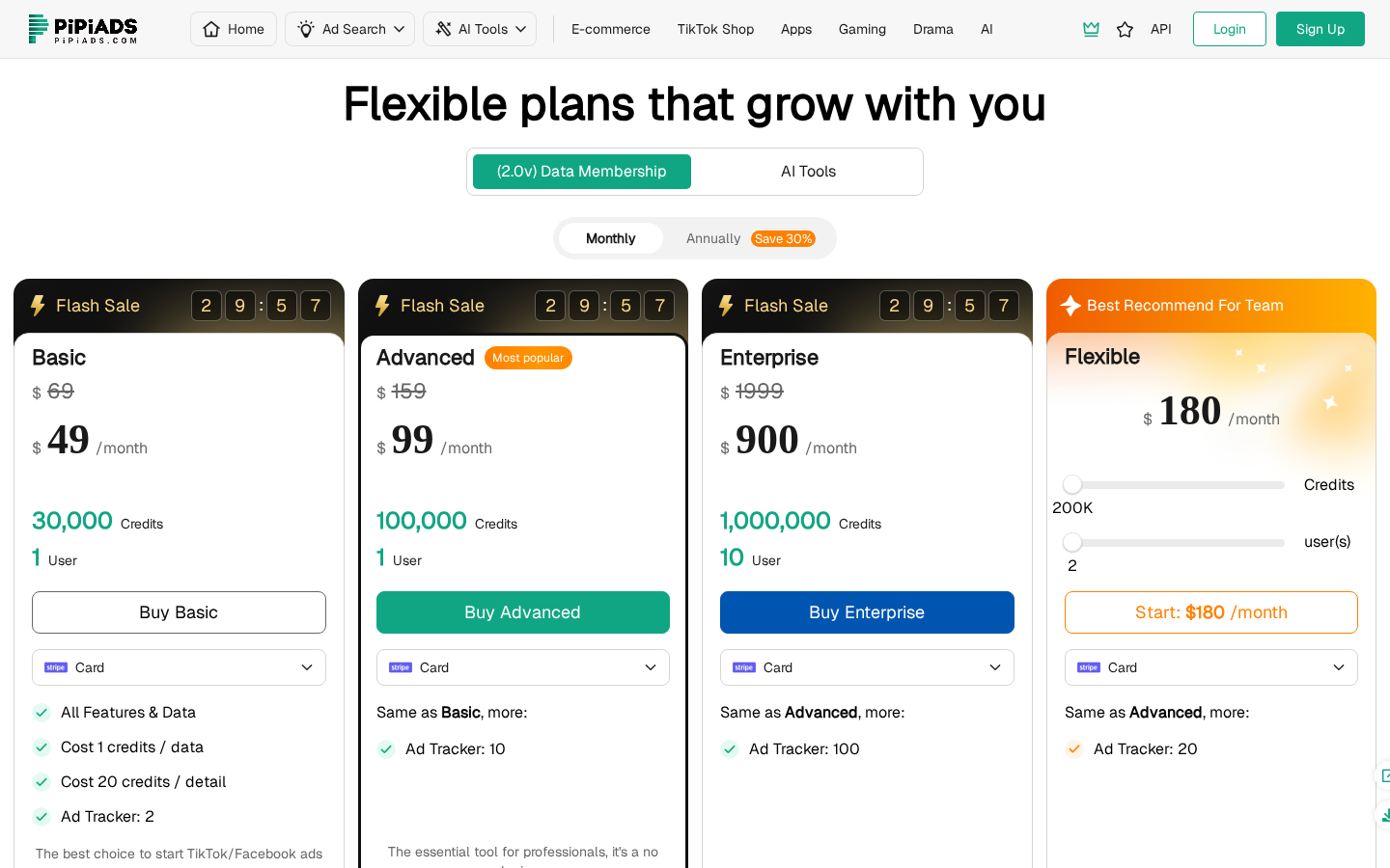 PiPiADS pricing for Basic, Advanced, Flexible and Enterprise