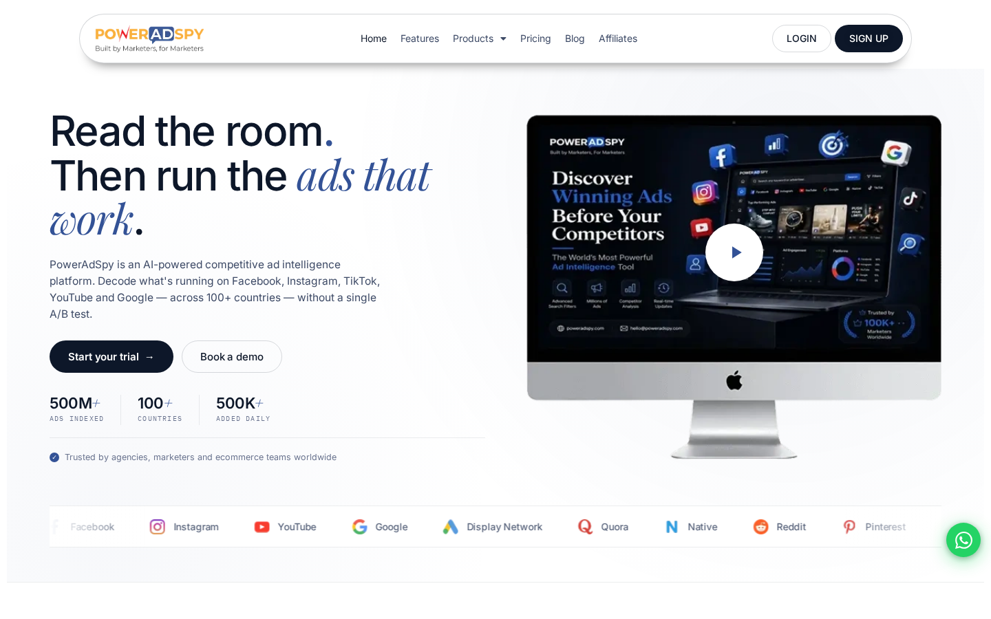 PowerAdSpy homepage covering Facebook, TikTok, Google and other channels